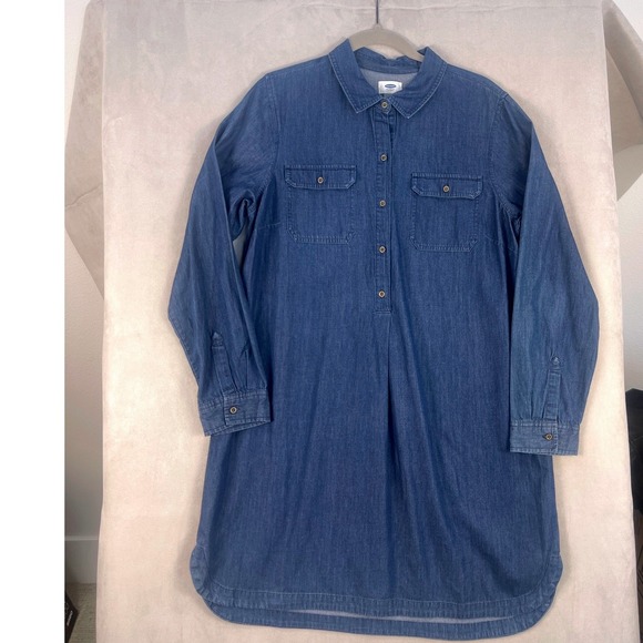 Old Navy Dresses & Skirts - Old Navy Womens Blue Denim Long Sleeve Button Up Shirt Dress Large L Pockets